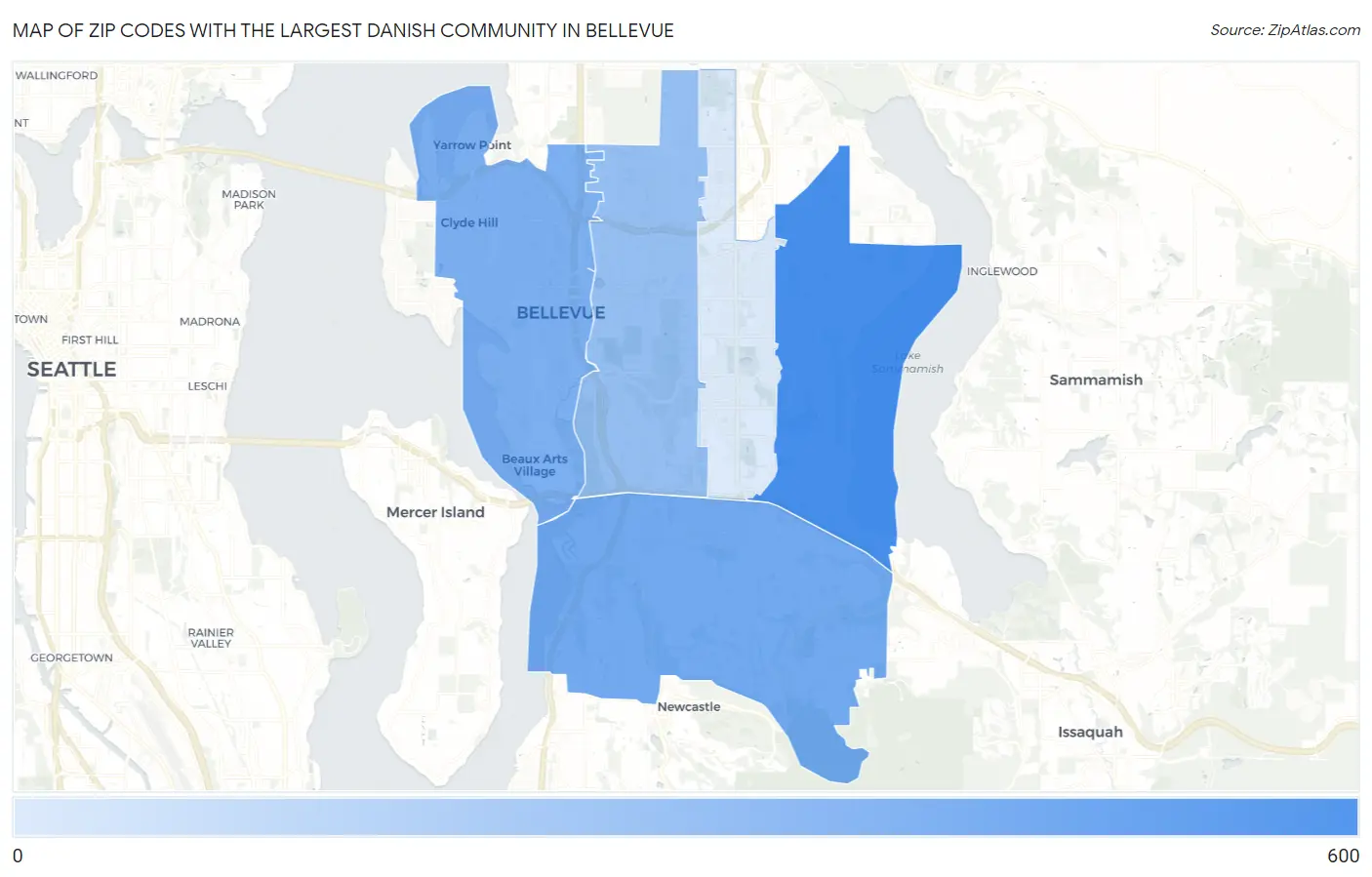 Zip Codes with the Largest Danish Community in Bellevue Map