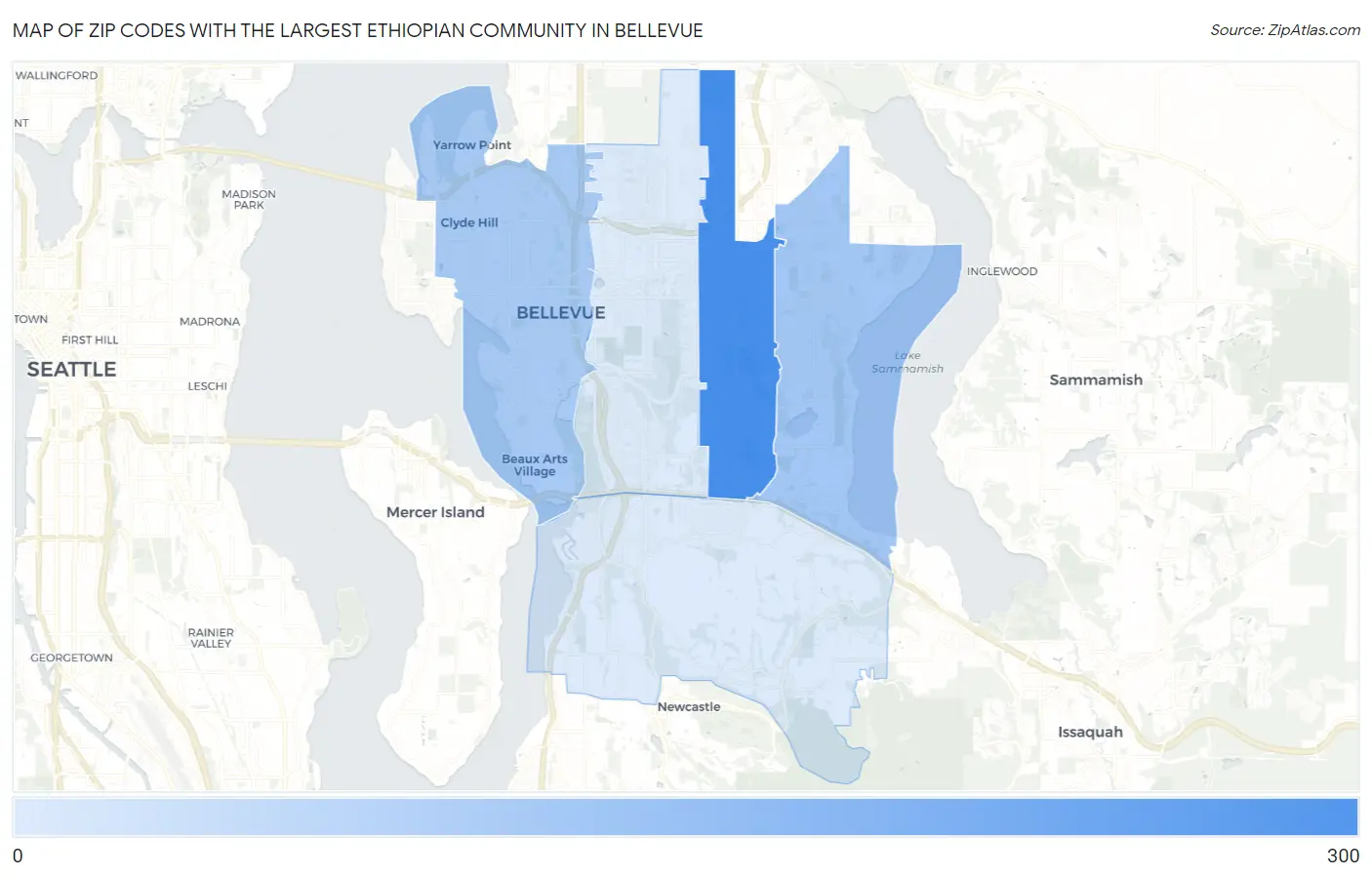 Zip Codes with the Largest Ethiopian Community in Bellevue Map