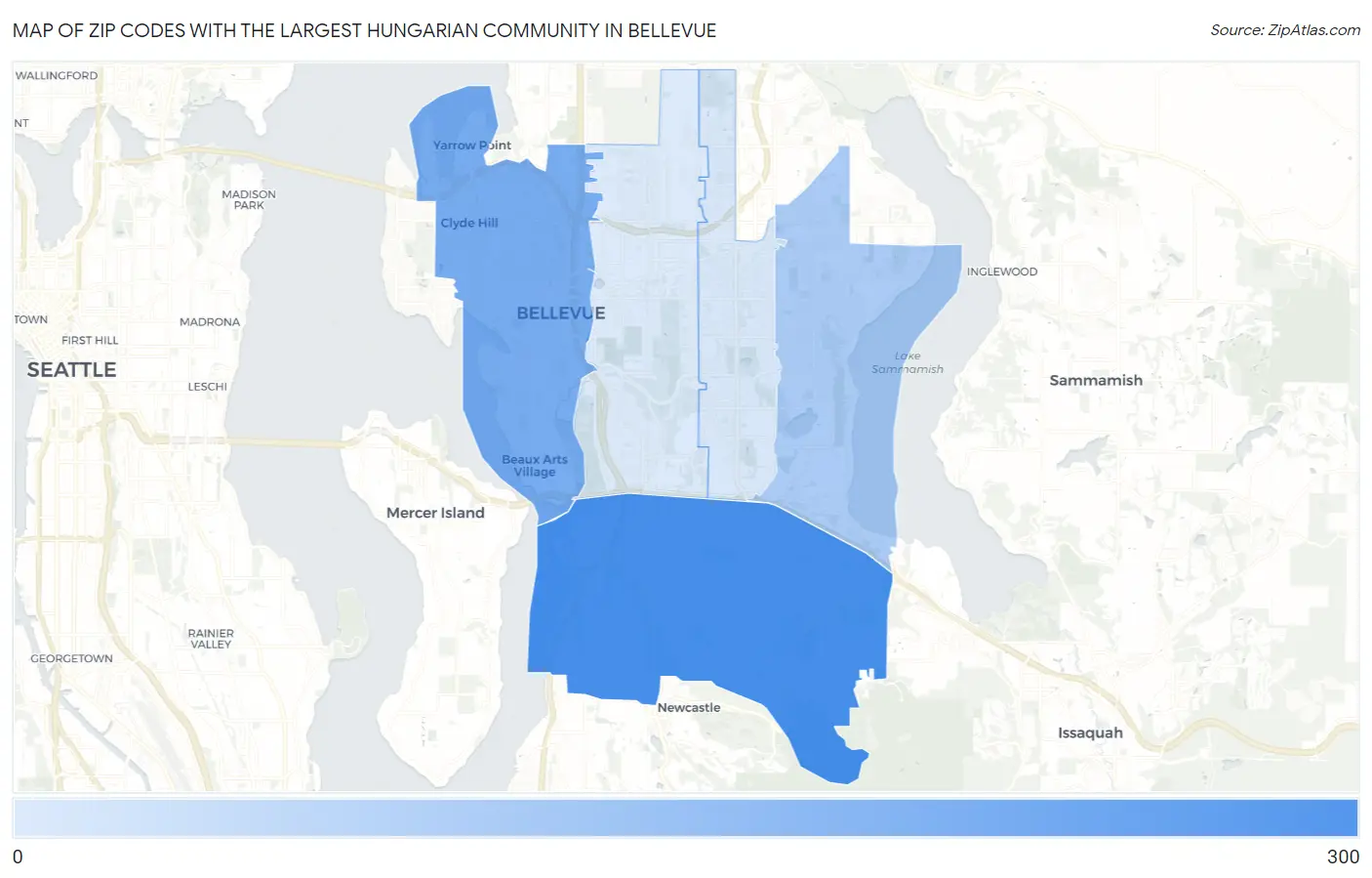 Zip Codes with the Largest Hungarian Community in Bellevue Map