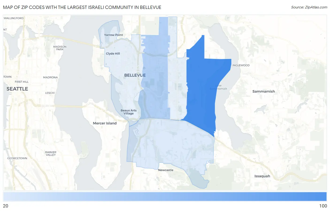 Zip Codes with the Largest Israeli Community in Bellevue Map