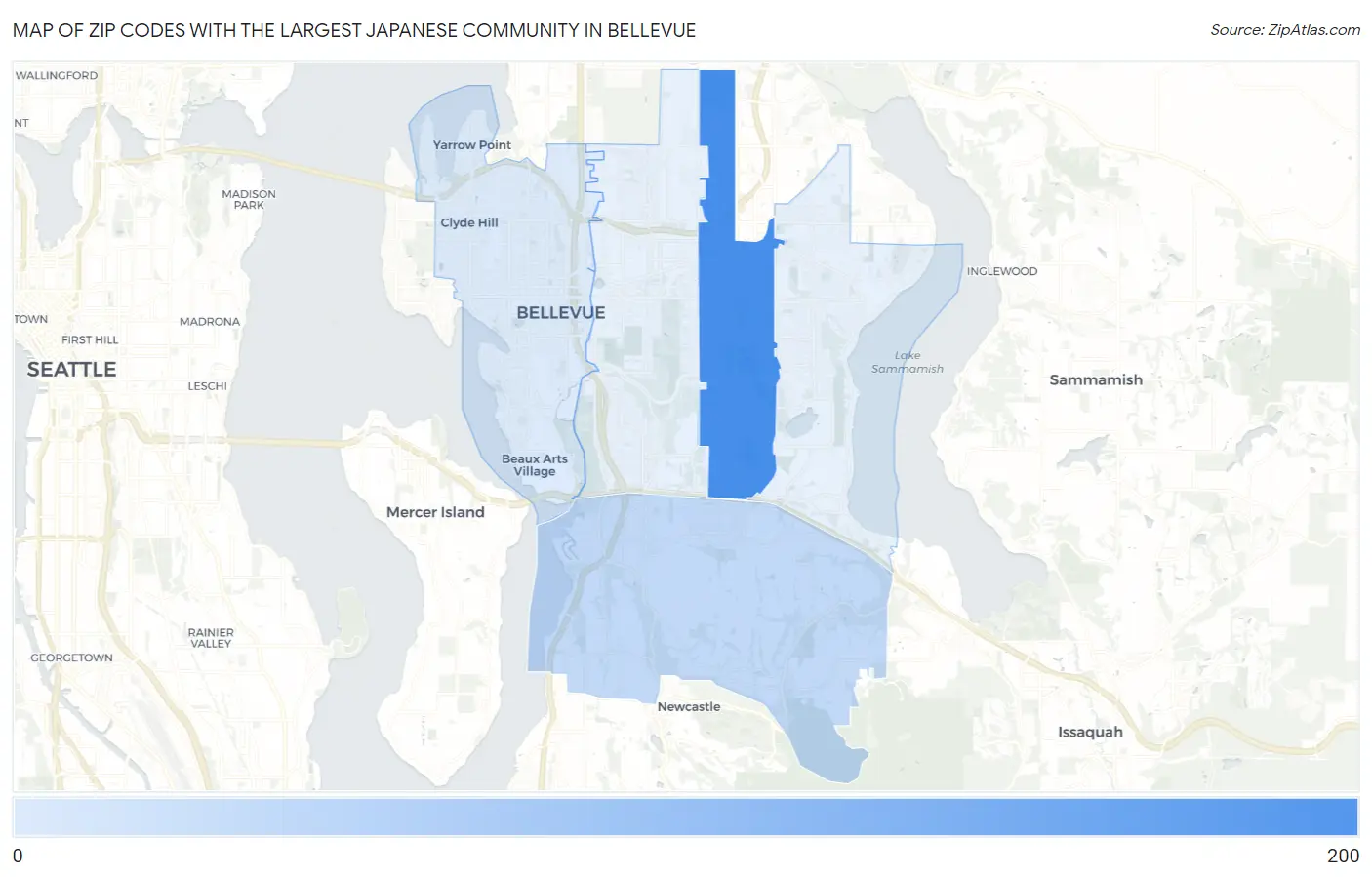 Zip Codes with the Largest Japanese Community in Bellevue Map