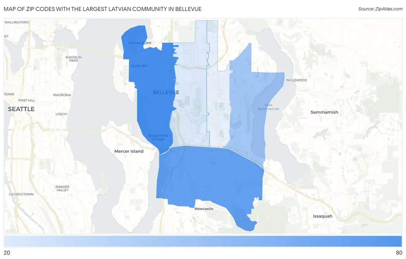 Zip Codes with the Largest Latvian Community in Bellevue Map