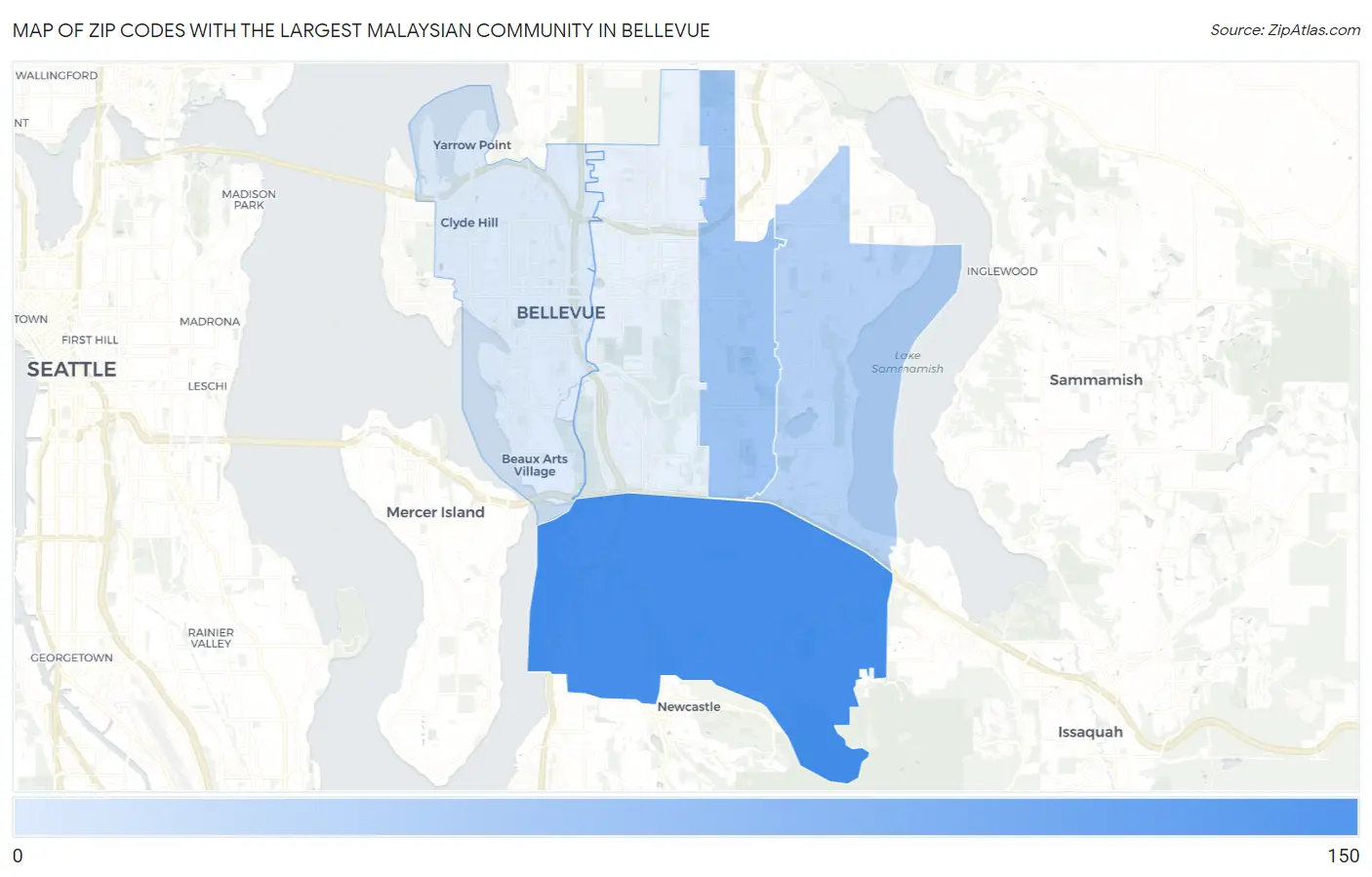 Zip Codes with the Largest Malaysian Community in Bellevue Map