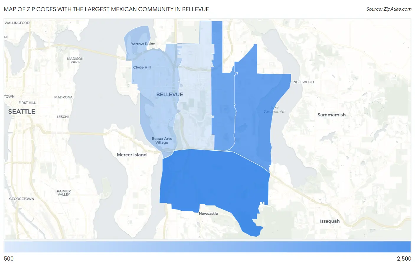Zip Codes with the Largest Mexican Community in Bellevue Map