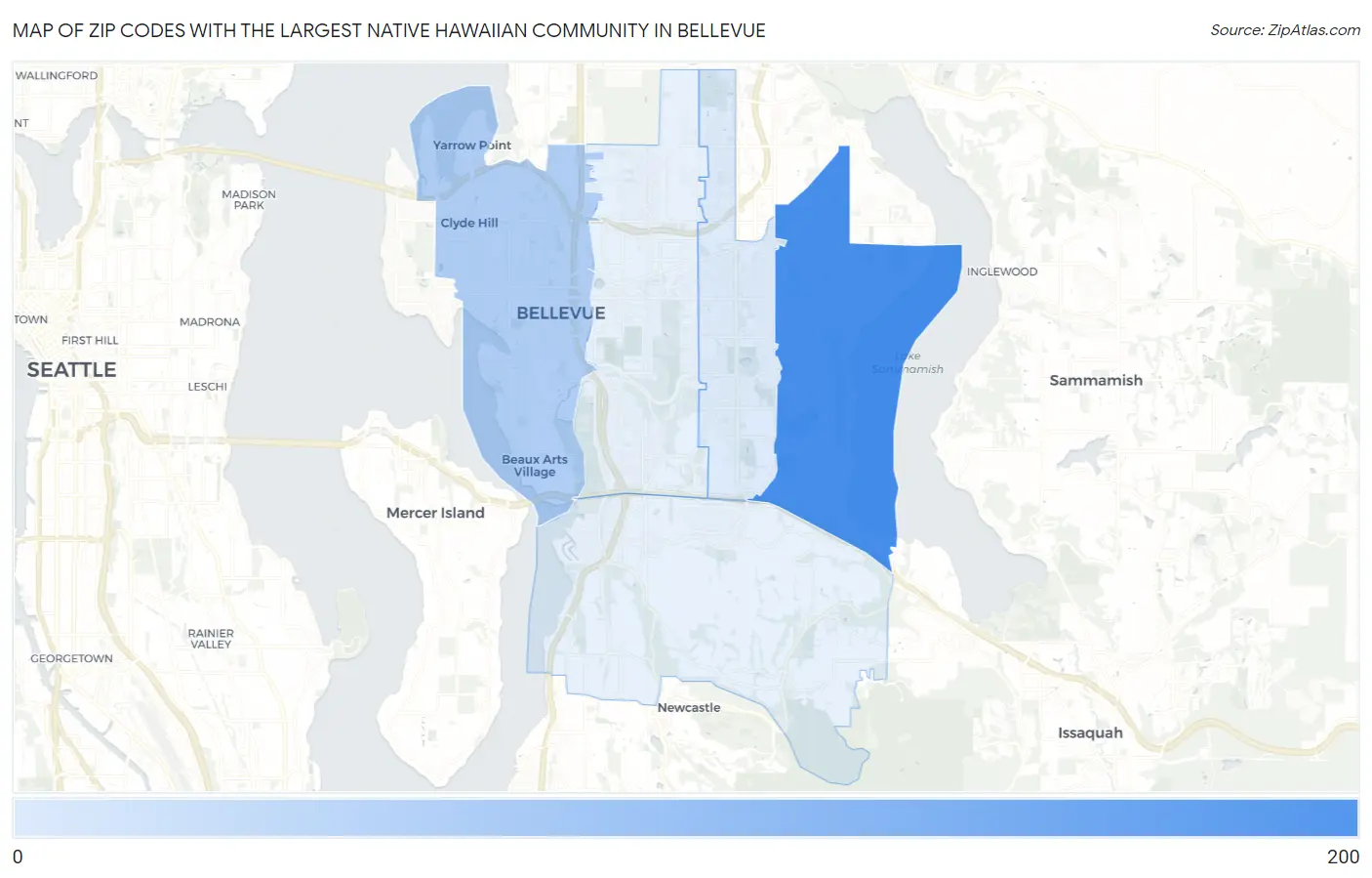 Zip Codes with the Largest Native Hawaiian Community in Bellevue Map
