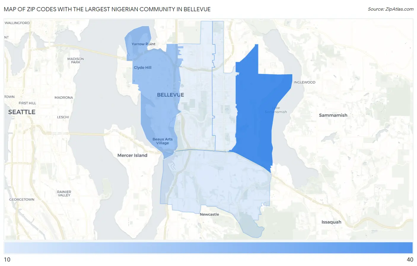 Zip Codes with the Largest Nigerian Community in Bellevue Map