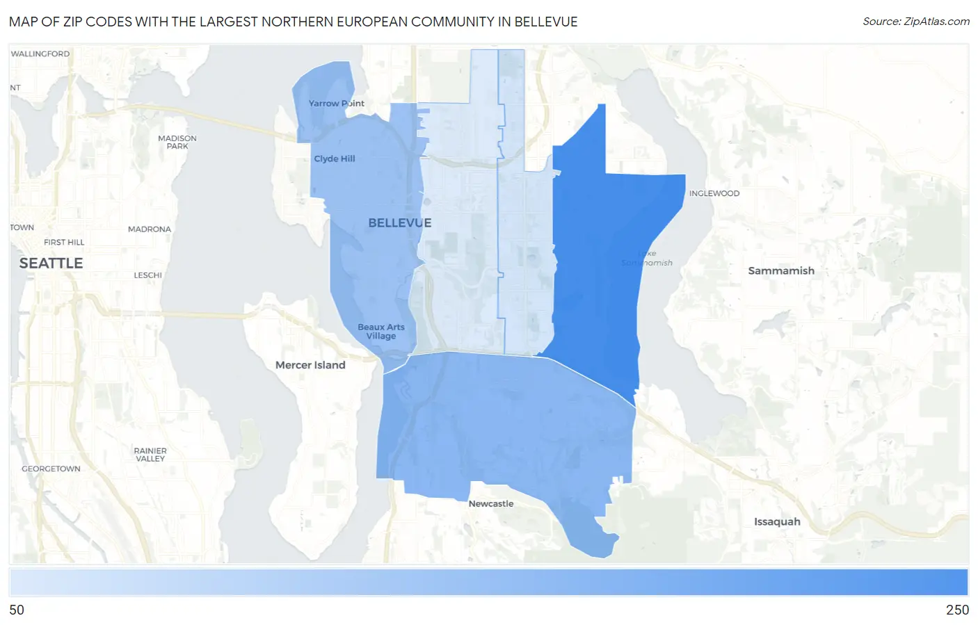 Zip Codes with the Largest Northern European Community in Bellevue Map