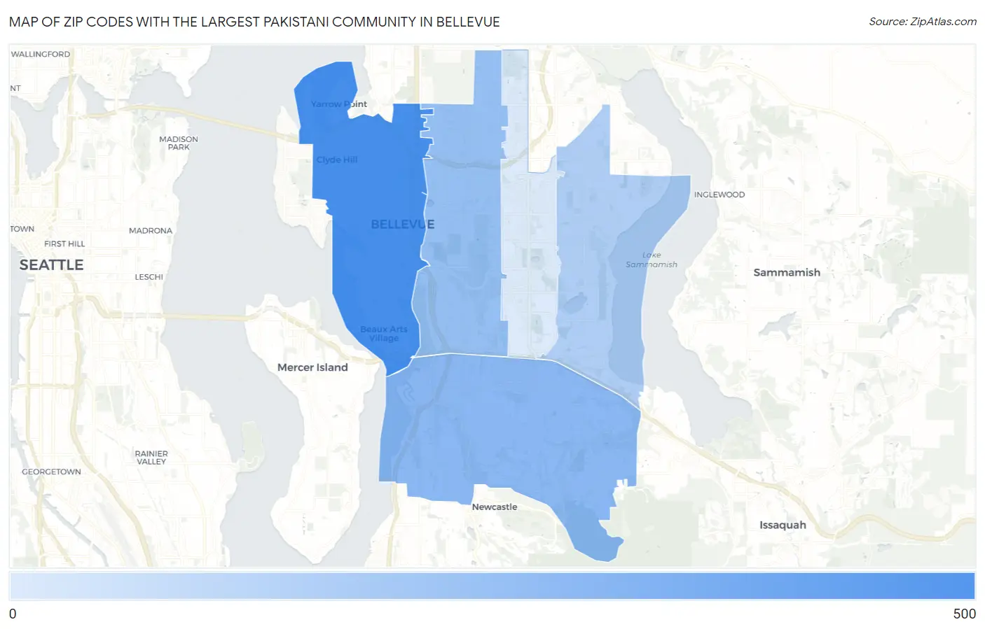 Zip Codes with the Largest Pakistani Community in Bellevue Map