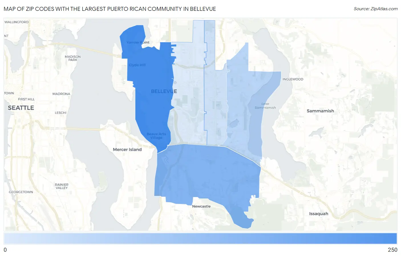 Zip Codes with the Largest Puerto Rican Community in Bellevue Map
