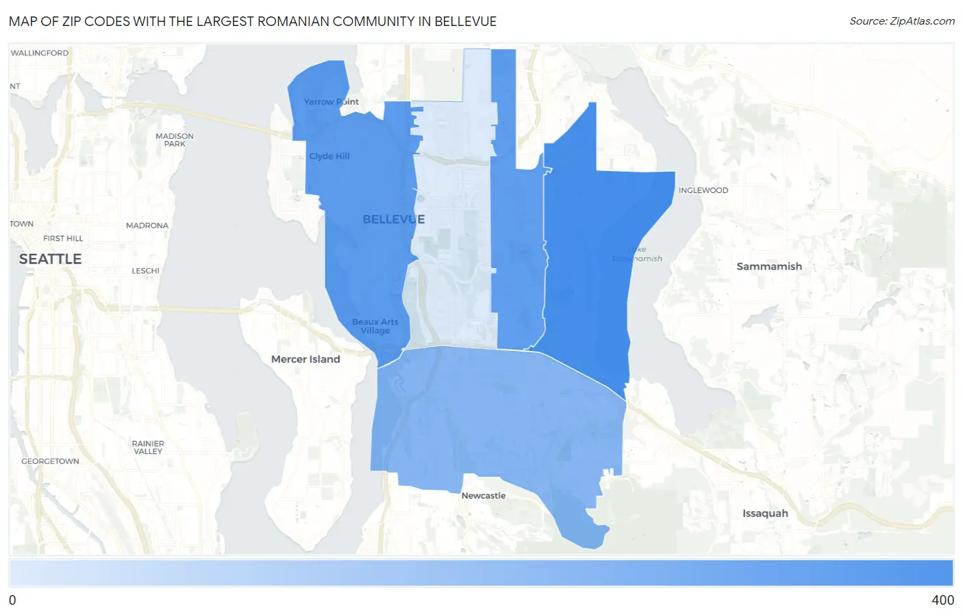 Zip Codes with the Largest Romanian Community in Bellevue Map