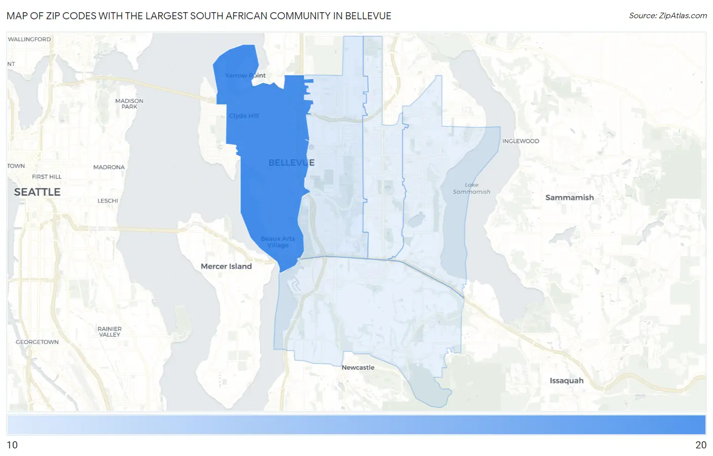 Zip Codes with the Largest South African Community in Bellevue Map