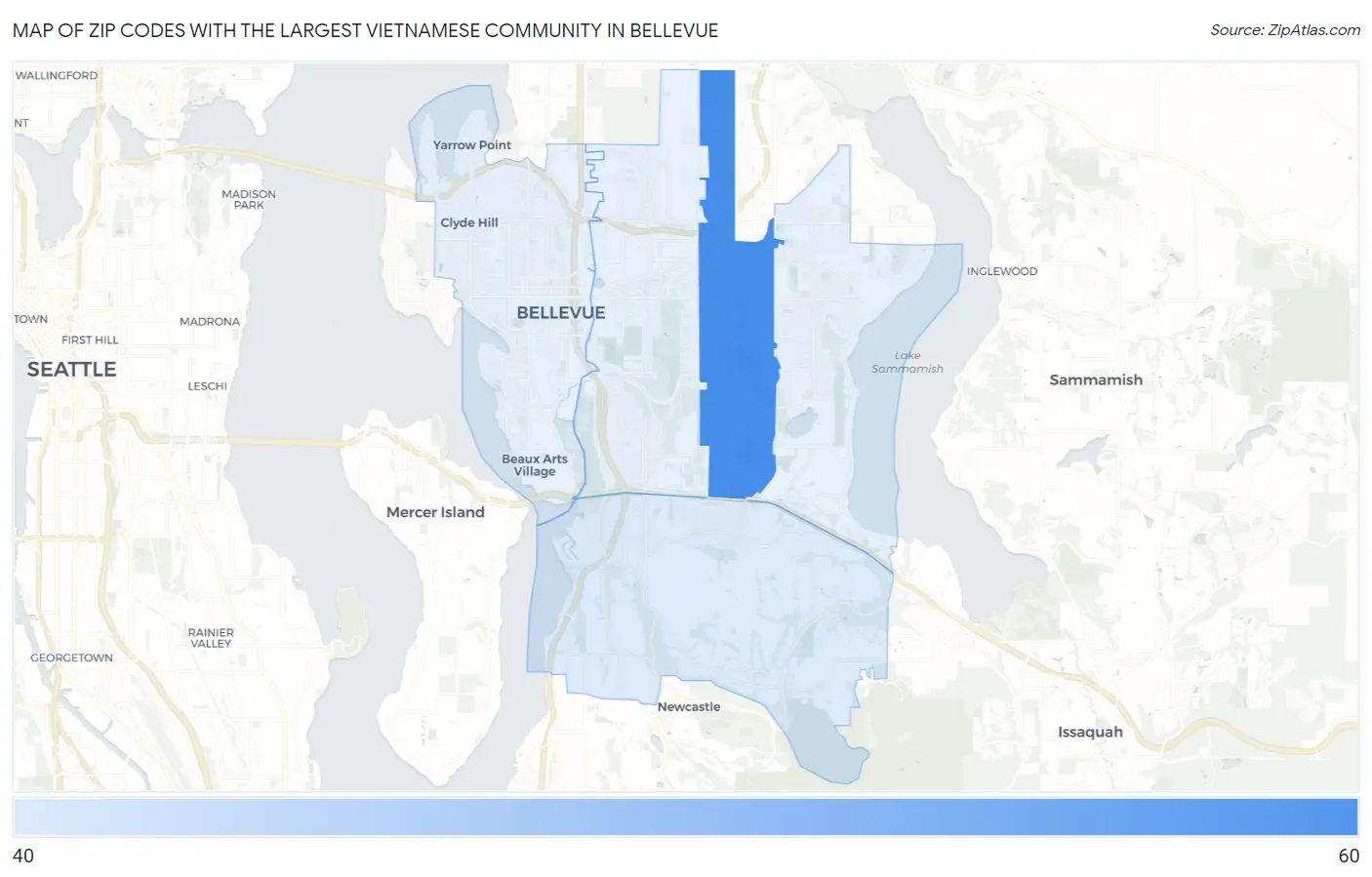 Zip Codes with the Largest Vietnamese Community in Bellevue Map