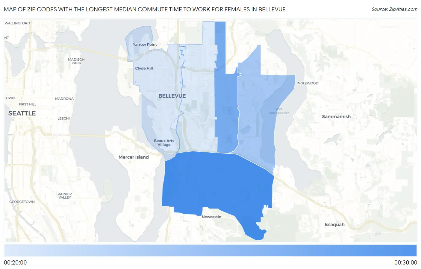 Zip Codes with the Longest Median Commute Time to Work for Females in Bellevue Map