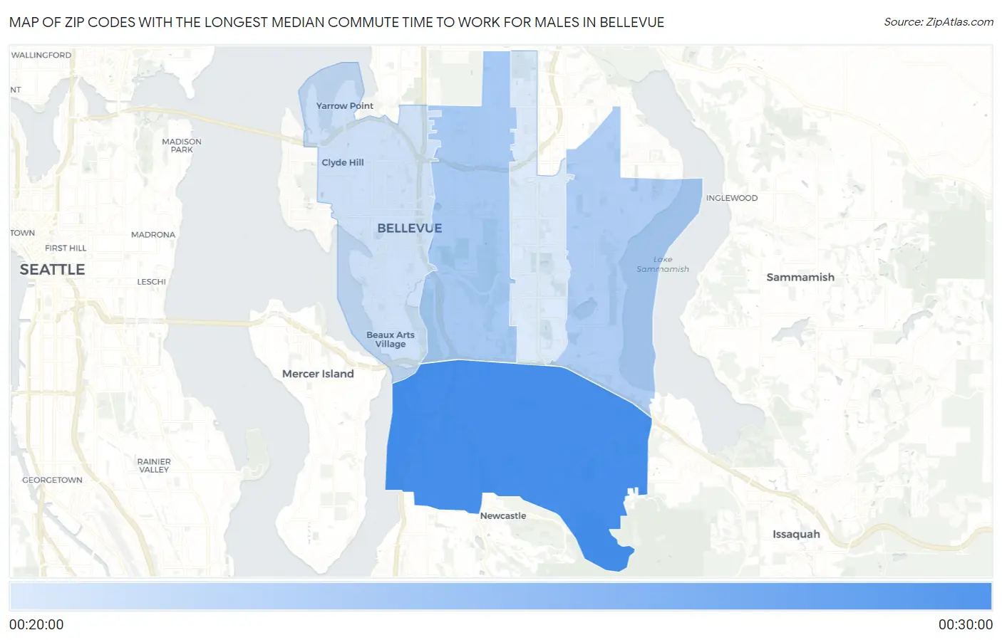 Zip Codes with the Longest Median Commute Time to Work for Males in Bellevue Map