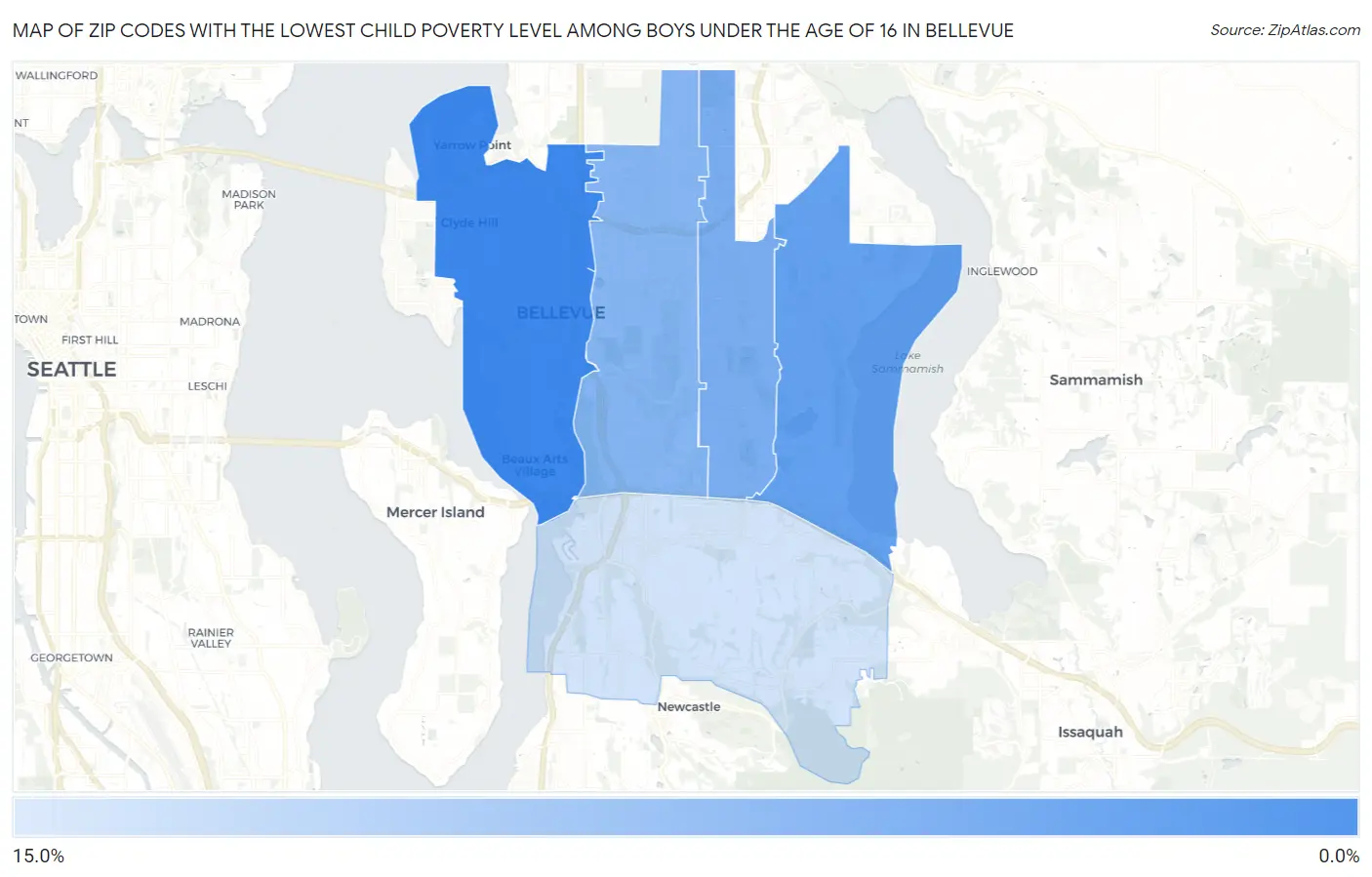 Zip Codes with the Lowest Child Poverty Level Among Boys Under the Age of 16 in Bellevue Map