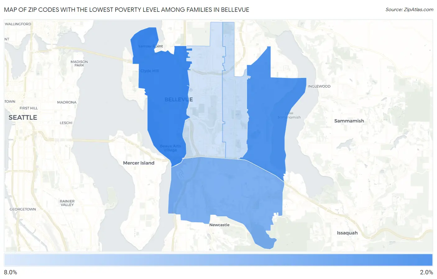 Zip Codes with the Lowest Poverty Level Among Families in Bellevue Map