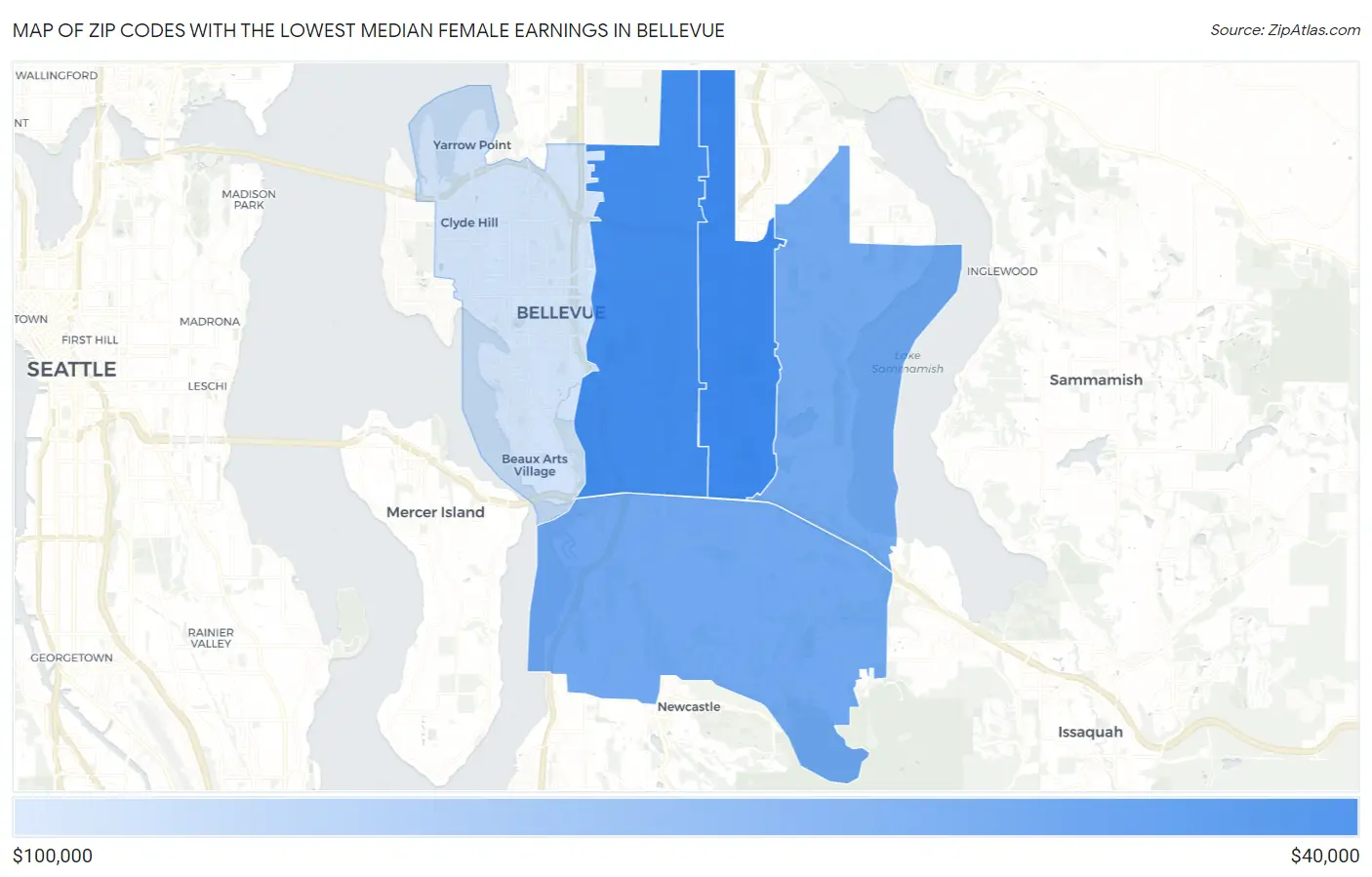 Zip Codes with the Lowest Median Female Earnings in Bellevue Map
