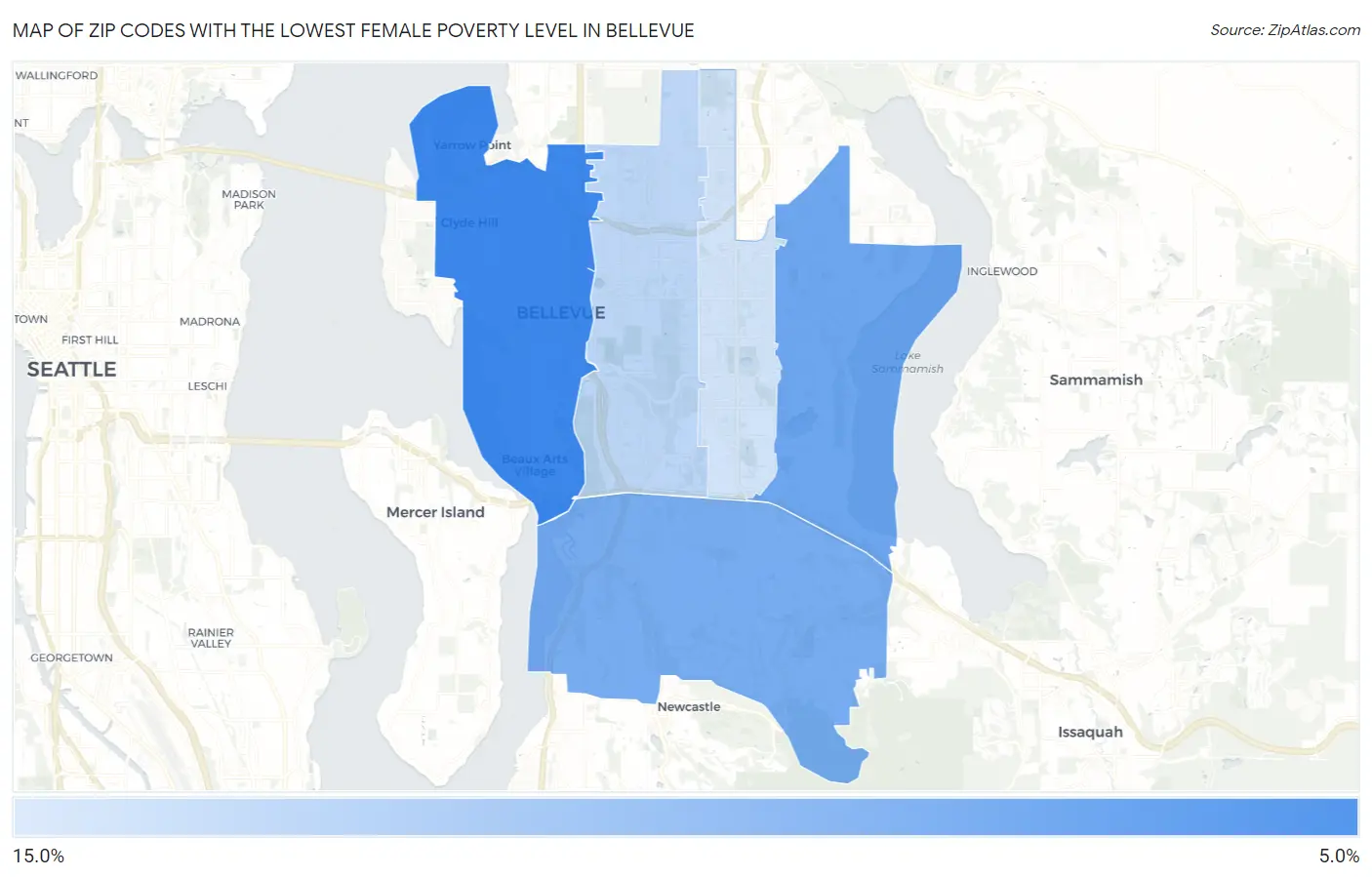 Zip Codes with the Lowest Female Poverty Level in Bellevue Map