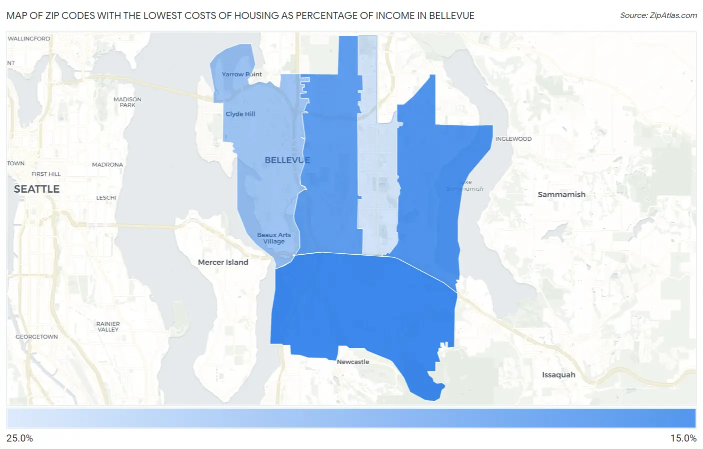 Zip Codes with the Lowest Costs of Housing as Percentage of Income in Bellevue Map