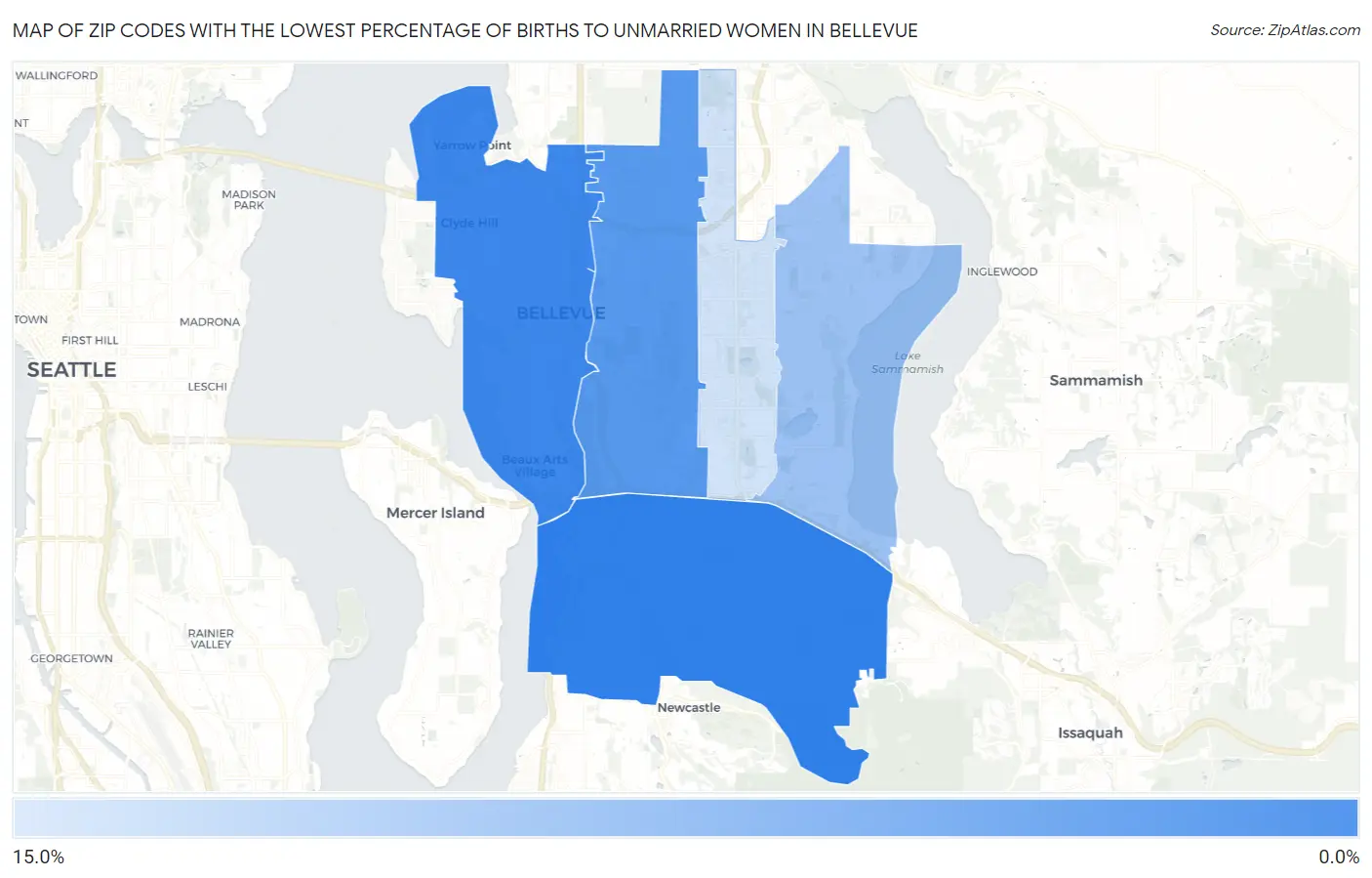 Zip Codes with the Lowest Percentage of Births to Unmarried Women in Bellevue Map