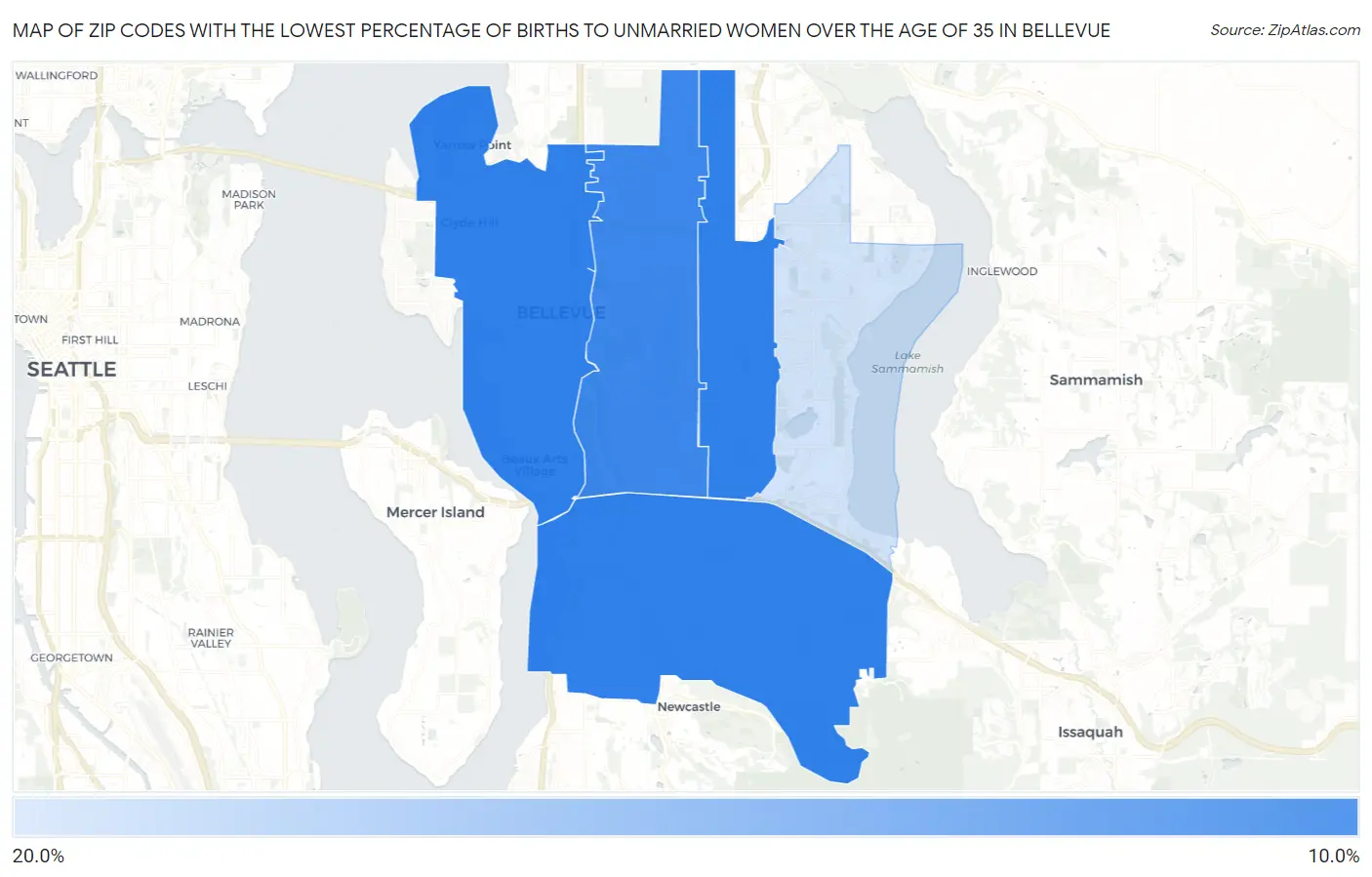 Zip Codes with the Lowest Percentage of Births to Unmarried Women over the Age of 35 in Bellevue Map