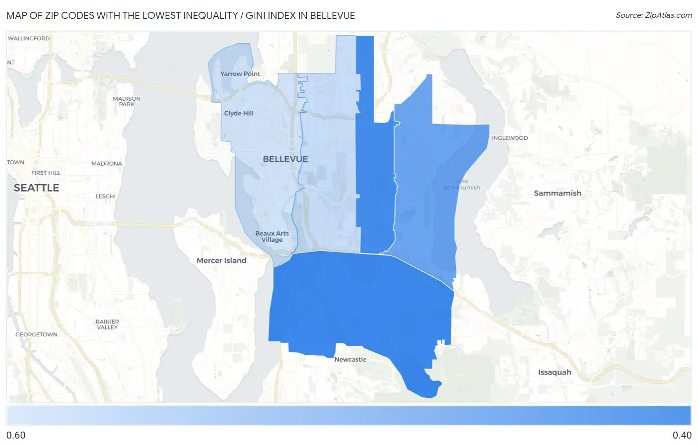 Zip Codes with the Lowest Inequality / Gini Index in Bellevue Map