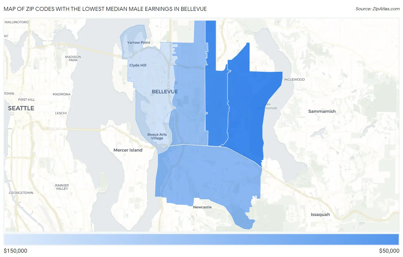 Zip Codes with the Lowest Median Male Earnings in Bellevue Map