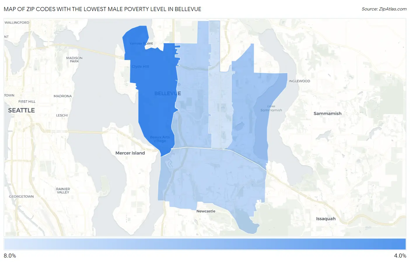 Zip Codes with the Lowest Male Poverty Level in Bellevue Map