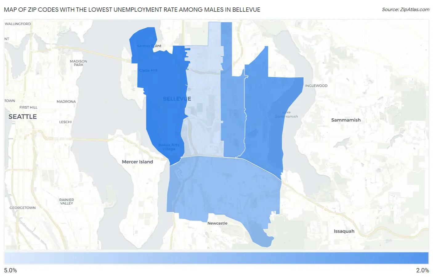 Zip Codes with the Lowest Unemployment Rate Among Males in Bellevue Map