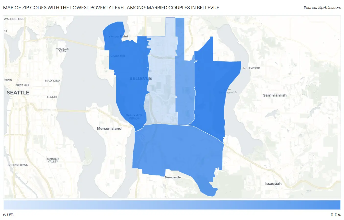 Zip Codes with the Lowest Poverty Level Among Married Couples in Bellevue Map