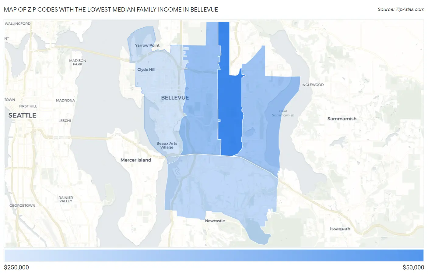 Zip Codes with the Lowest Median Family Income in Bellevue Map