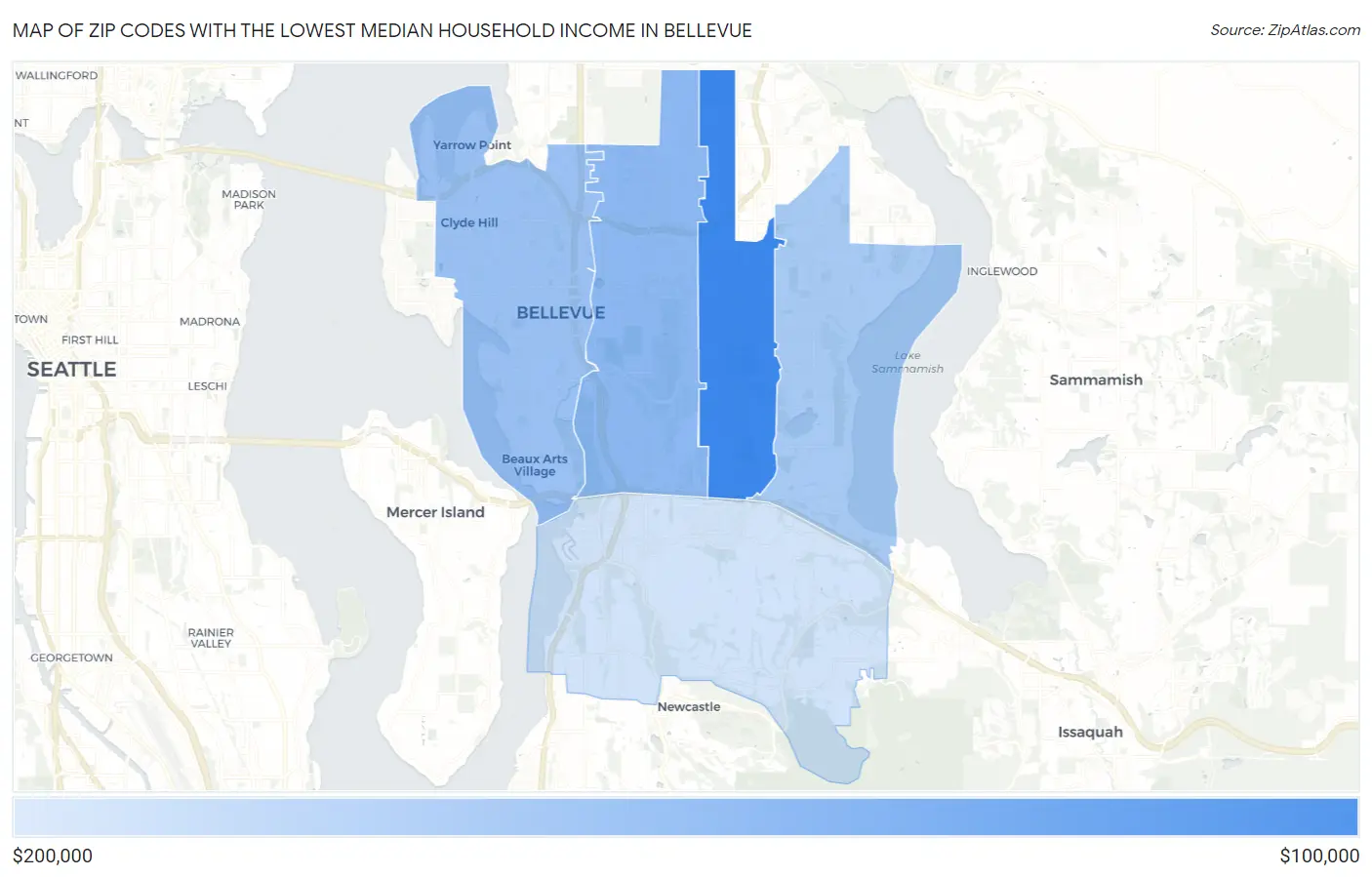 Zip Codes with the Lowest Median Household Income in Bellevue Map