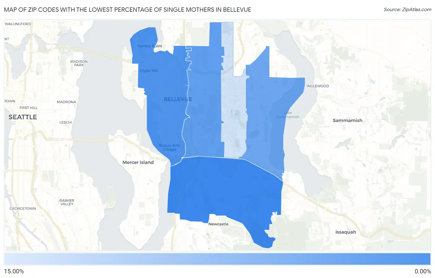 Zip Codes with the Lowest Percentage of Single Mothers in Bellevue Map