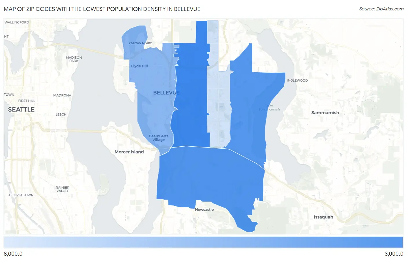 Zip Codes with the Lowest Population Density in Bellevue Map