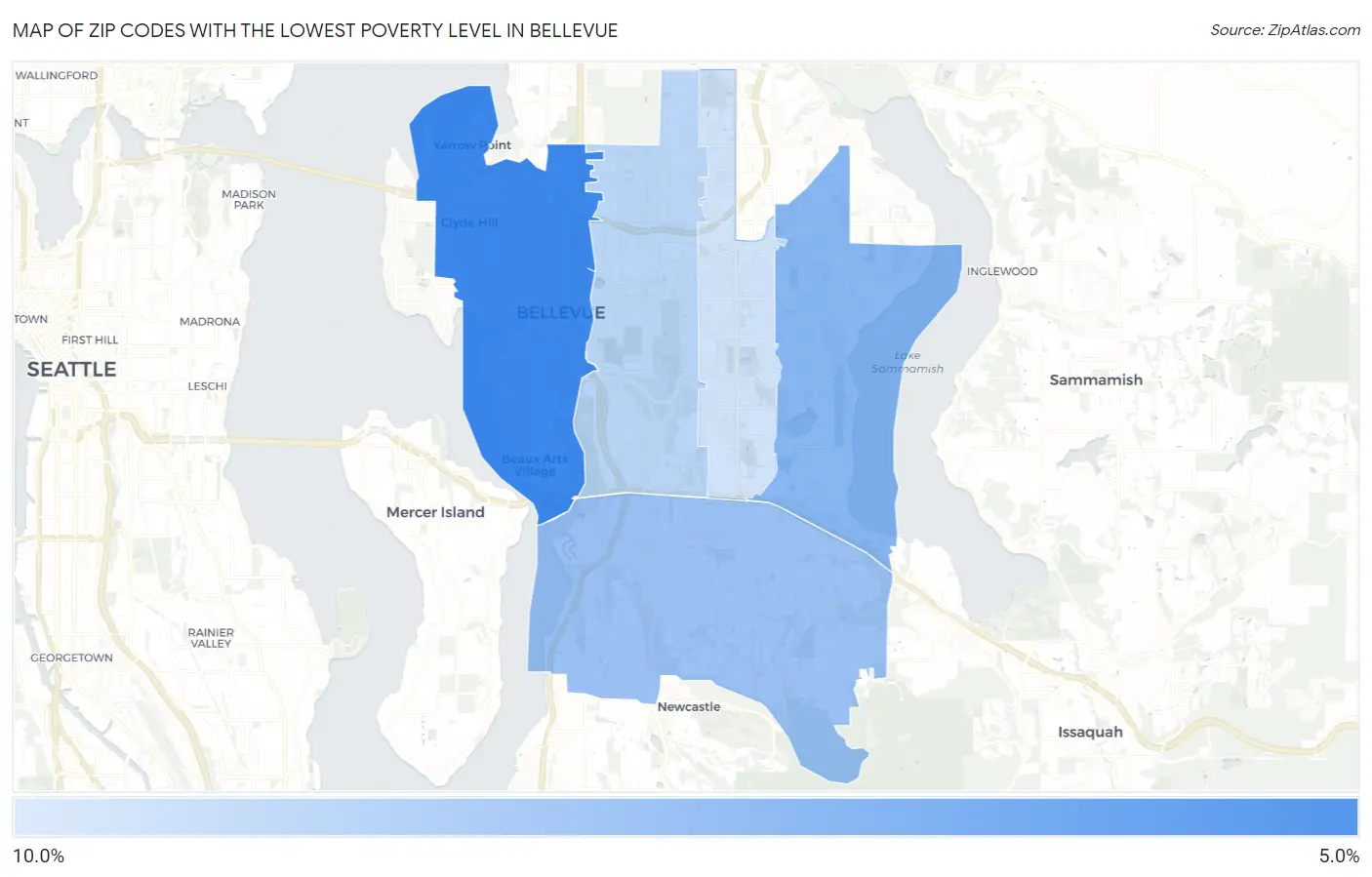 Zip Codes with the Lowest Poverty Level in Bellevue Map