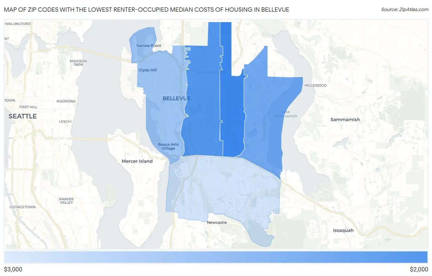 Zip Codes with the Lowest Renter-Occupied Median Costs of Housing in Bellevue Map