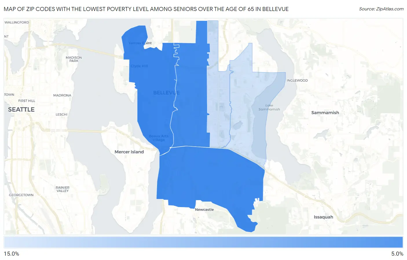 Zip Codes with the Lowest Poverty Level Among Seniors Over the Age of 65 in Bellevue Map