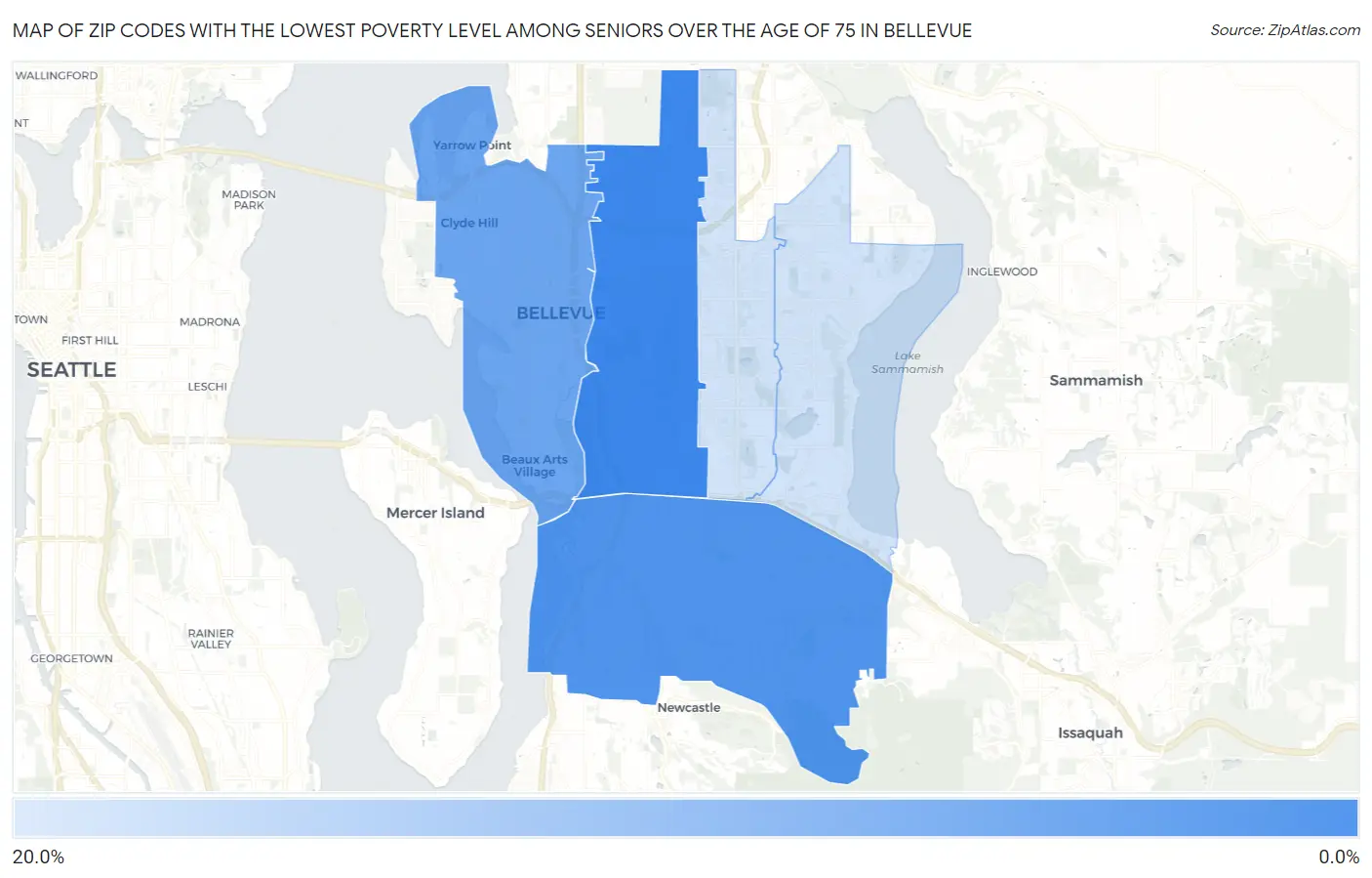 Zip Codes with the Lowest Poverty Level Among Seniors Over the Age of 75 in Bellevue Map