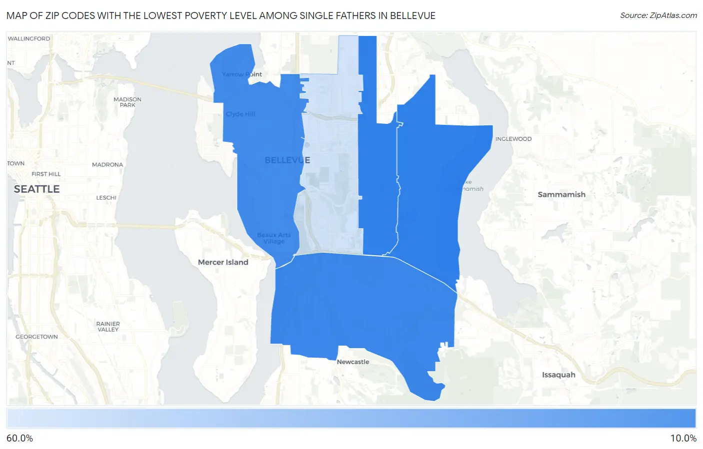 Zip Codes with the Lowest Poverty Level Among Single Fathers in Bellevue Map