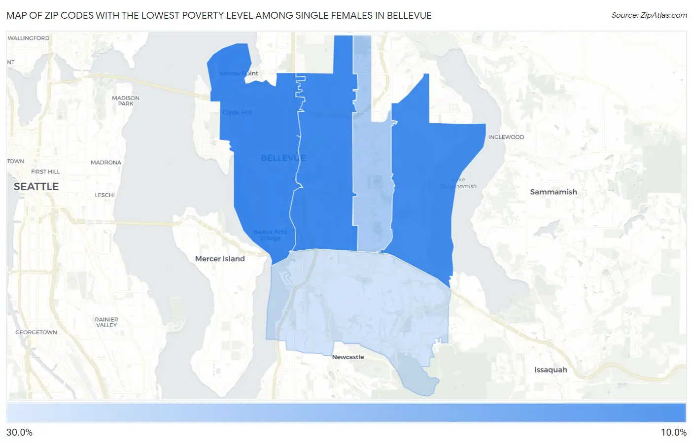 Zip Codes with the Lowest Poverty Level Among Single Females in Bellevue Map