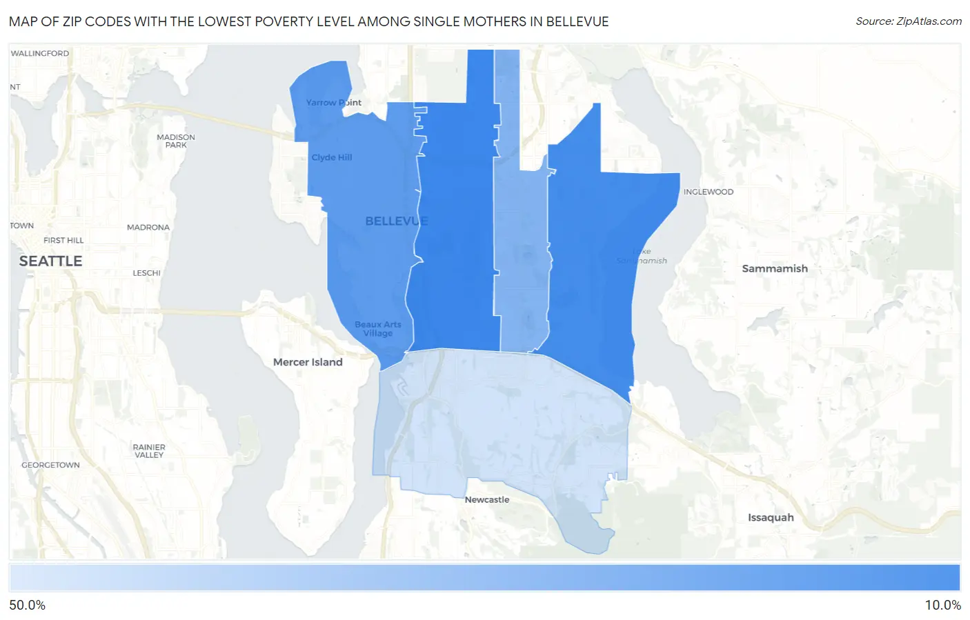 Zip Codes with the Lowest Poverty Level Among Single Mothers in Bellevue Map