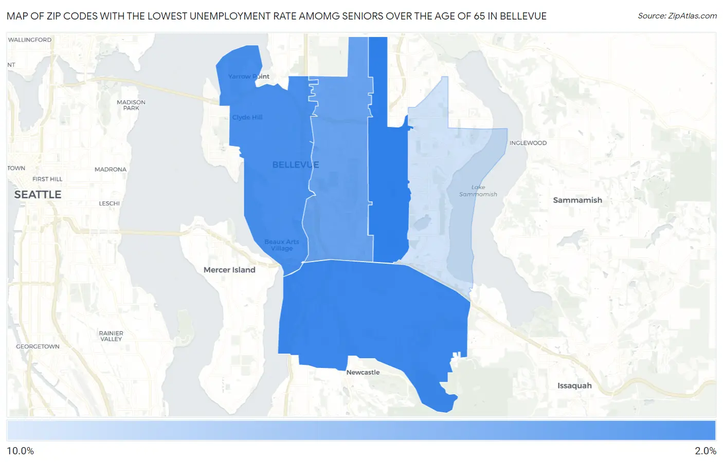 Zip Codes with the Lowest Unemployment Rate Amomg Seniors Over the Age of 65 in Bellevue Map