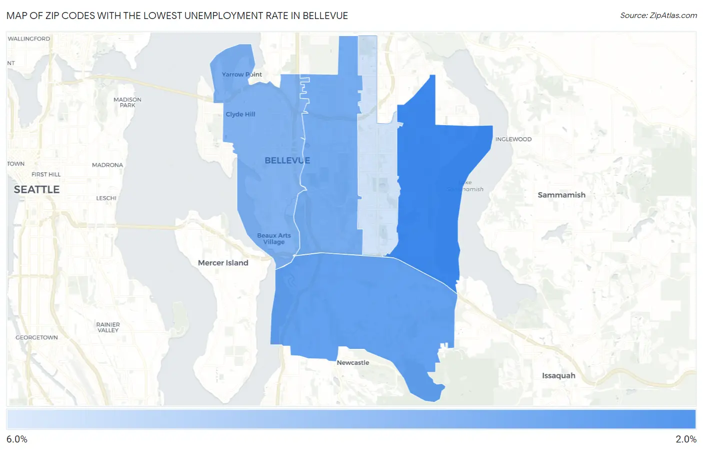 Zip Codes with the Lowest Unemployment Rate in Bellevue Map