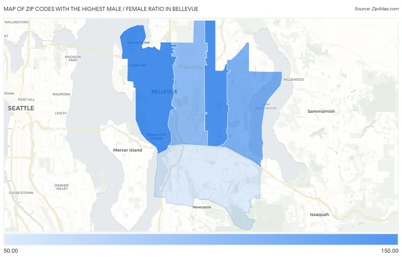 Zip Codes with the Highest Male / Female Ratio in Bellevue Map