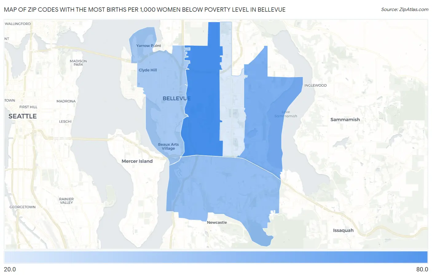 Zip Codes with the Most Births per 1,000 Women Below Poverty Level in Bellevue Map