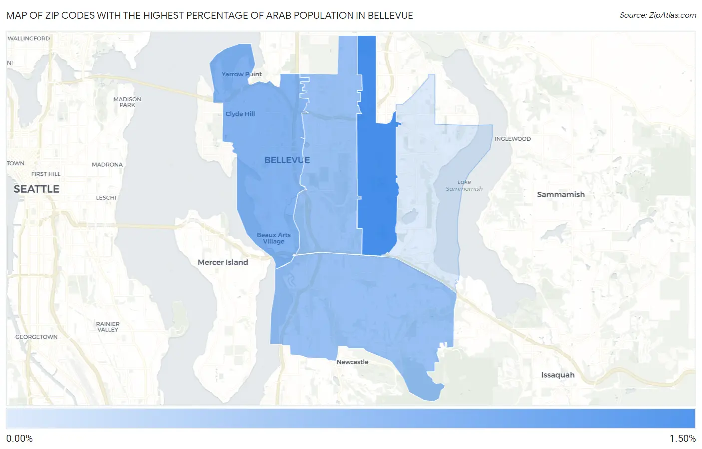 Zip Codes with the Highest Percentage of Arab Population in Bellevue Map