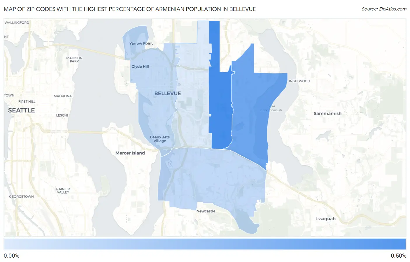 Zip Codes with the Highest Percentage of Armenian Population in Bellevue Map