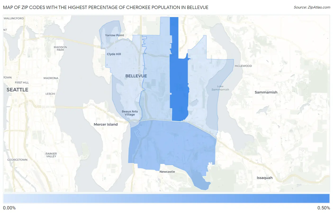 Zip Codes with the Highest Percentage of Cherokee Population in Bellevue Map
