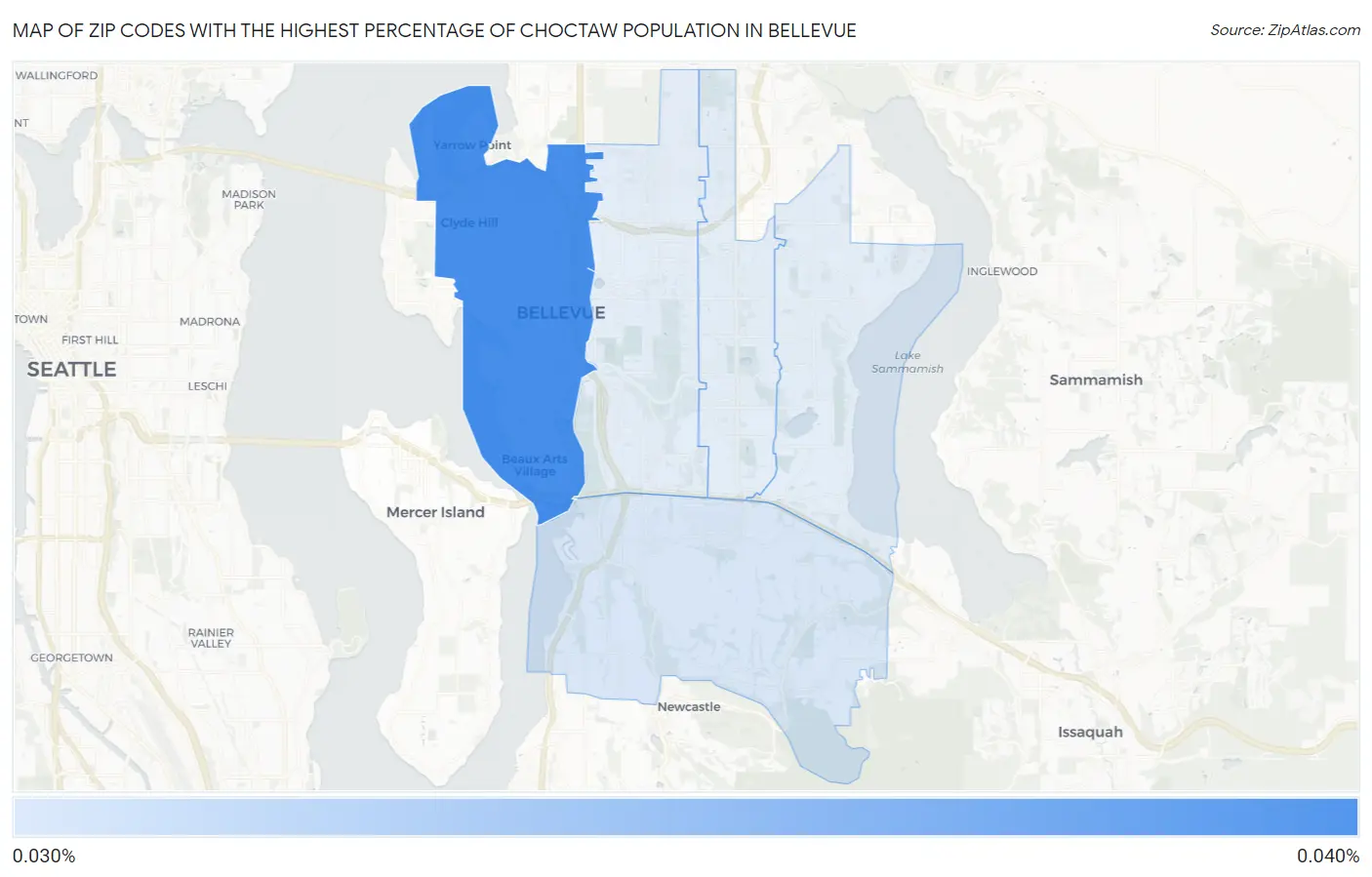 Zip Codes with the Highest Percentage of Choctaw Population in Bellevue Map