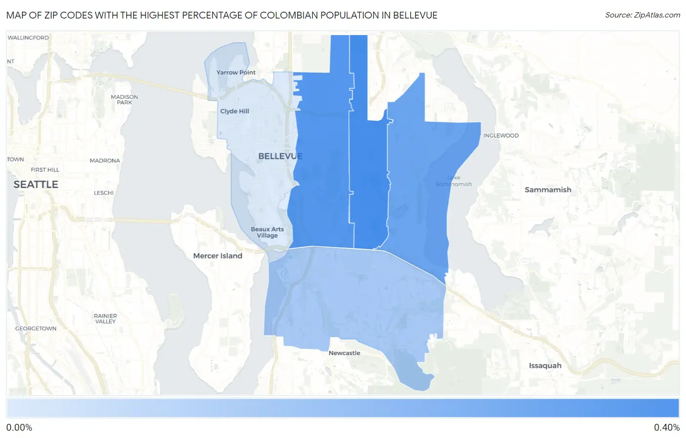 Zip Codes with the Highest Percentage of Colombian Population in Bellevue Map